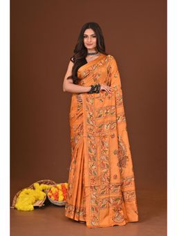 Ramshyam Collection - Womens Kantha Silk Blend Thread Work Orange Saree with Unstitched Blouse