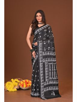 Ramshyam Collection - Womens Kantha Silk Blend Thread Work Black Saree with Unstitched Blouse
