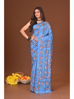 Ramshyam Collection - Womens Kantha Silk Blend Thread Work Blue Saree with Unstitched Blouse
