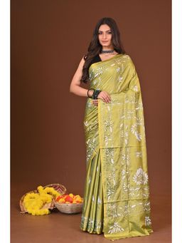 Ramshyam Collection - Womens Kantha Silk Blend Thread Work Green Saree with Unstitched Blouse