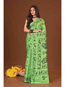 Ramshyam Collection - Womens Kantha Silk Blend Thread Work Green Saree with Unstitched Blouse