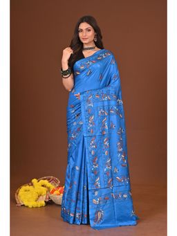 Ramshyam Collection - Womens Kantha Silk Blend Thread Work Blue Saree with Unstitched Blouse