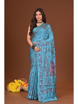 Ramshyam Collection - Womens Kantha Silk Blend Thread Work Blue Saree with Unstitched Blouse