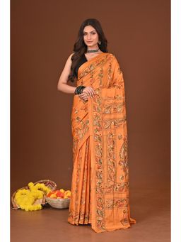 Ramshyam Collection - Womens Kantha Silk Blend Thread Work Orange Saree with Unstitched Blouse