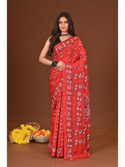 Ramshyam Collection - Womens Kantha Silk Blend Embroidered Red Saree with Unstitched Blouse
