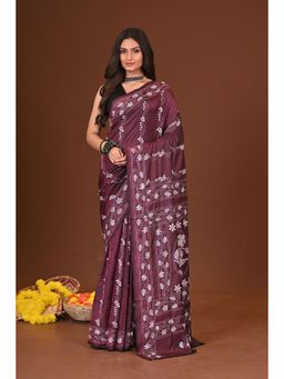 Ramshyam Collection - Womens Kantha Silk Blend Thread Work Wine Saree with Unstitched Blouse