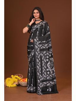 Ramshyam Collection - Womens Kantha Silk Blend Thread Work Black Saree with Unstitched Blouse