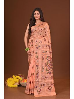 Ramshyam Collection - Womens Kantha Silk Blend Thread Work Orange Saree with Unstitched Blouse