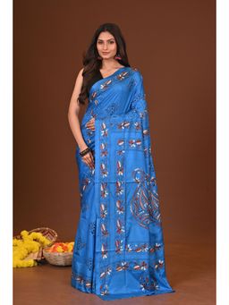 Ramshyam Collection - Womens Kantha Silk Blend Thread Work Blue Saree with Unstitched Blouse
