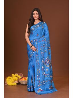 Ramshyam Collection - Womens Kantha Silk Blend Thread Work Blue Saree with Unstitched Blouse