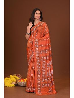 Ramshyam Collection - Womens Kantha Silk Blend Thread Work Rust Saree with Unstitched Blouse