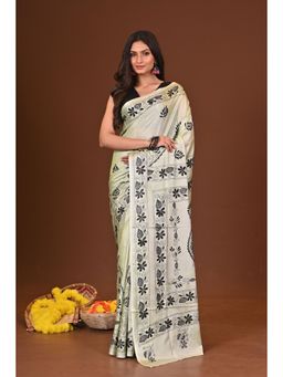 Ramshyam Collection - Womens Kantha Silk Blend Thread Work Green Saree with Unstitched Blouse