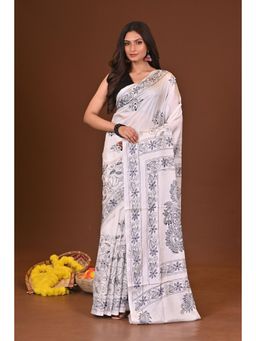 Ramshyam Collection - Womens Kantha Silk Blend Thread Work White Saree with Unstitched Blouse