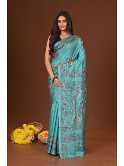 Ramshyam Collection - Womens Kantha Silk Blend Thread Work Blue Saree with Unstitched Blouse