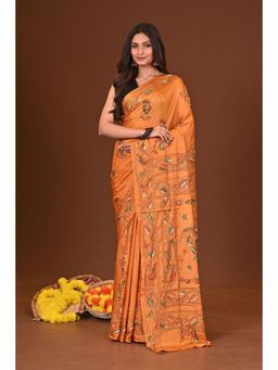 Ramshyam Collection - Womens Kantha Silk Blend Thread Work Orange Saree with Unstitched Blouse