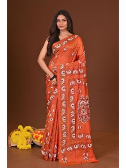 Ramshyam Collection - Womens Kantha Silk Blend Thread Work Rust Saree with Unstitched Blouse