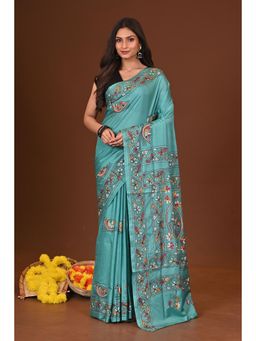 Ramshyam Collection - Womens Kantha Silk Blend Thread Work Blue Saree with Unstitched Blouse