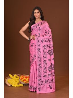 Ramshyam Collection - Womens Kantha Silk Blend Thread Work Pink Saree with Unstitched Blouse