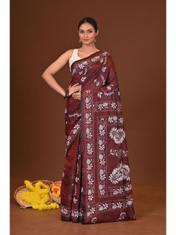 Ramshyam Collection - Womens Kantha Silk Blend Thread Work Brown Saree with Unstitched Blouse