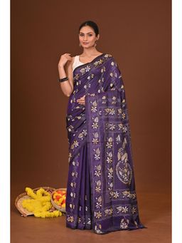 Ramshyam Collection - Womens Kantha Silk Blend Thread Work Purple Saree with Unstitched Blouse