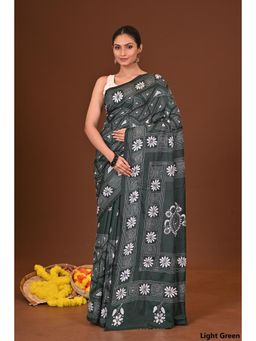 Ramshyam Collection - Womens Kantha Silk Blend Thread Work Green Saree with Unstitched Blouse