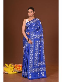 Ramshyam Collection - Womens Kantha Silk Blend Thread Work Blue Saree with Unstitched Blouse