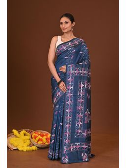 Ramshyam Collection - Womens Kantha Silk Blend Thread Work Blue Saree with Unstitched Blouse