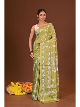Ramshyam Collection - Womens Kantha Silk Blend Thread Work Green Saree with Unstitched Blouse