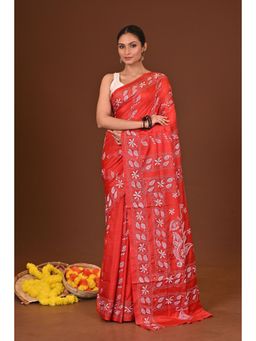 Ramshyam Collection - Womens Kantha Silk Blend Embroidered Red Saree with Unstitched Blouse