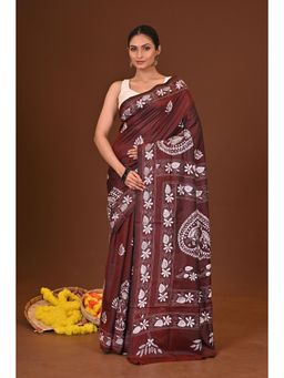 Ramshyam Collection - Womens Kantha Silk Blend Thread Work Maroon Saree with Unstitched Blouse