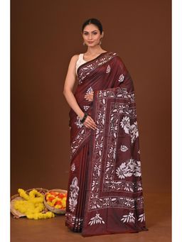 Ramshyam Collection - Womens Kantha Silk Blend Thread Work Brown Saree with Unstitched Blouse