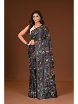 Ramshyam Collection - Womens Kantha Silk Blend Thread Work Black Saree with Unstitched Blouse