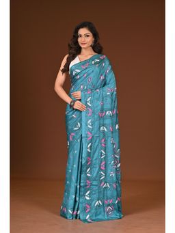 Ramshyam Collection - Womens Kantha Silk Blend Thread Work Blue Saree with Unstitched Blouse