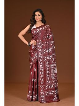Ramshyam Collection - Womens Kantha Silk Blend Thread Work Brown Saree with Unstitched Blouse