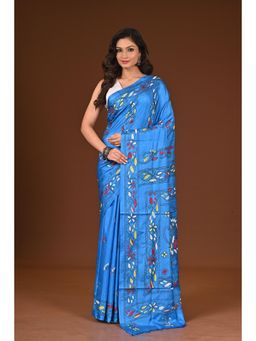 Ramshyam Collection - Womens Kantha Silk Blend Thread Work Blue Saree with Unstitched Blouse