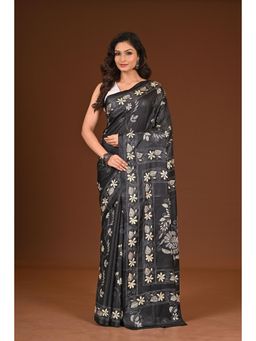 Ramshyam Collection - Womens Kantha Silk Blend Thread Work Black Saree with Unstitched Blouse