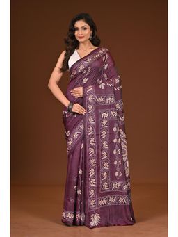 Ramshyam Collection - Womens Kantha Silk Blend Thread Work Purple Saree with Unstitched Blouse