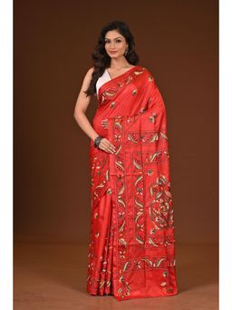 Ramshyam Collection - Womens Kantha Silk Blend Embroidered Red Saree with Unstitched Blouse