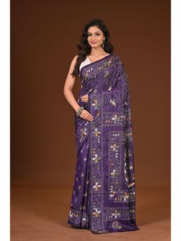 Ramshyam Collection - Womens Kantha Silk Blend Thread Work Purple Saree with Unstitched Blouse