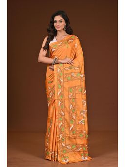 Ramshyam Collection - Womens Kantha Silk Blend Thread Work Orange Saree with Unstitched Blouse