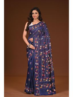Ramshyam Collection - Womens Kantha Silk Blend Thread Work Navy Blue Saree with Unstitched Blouse