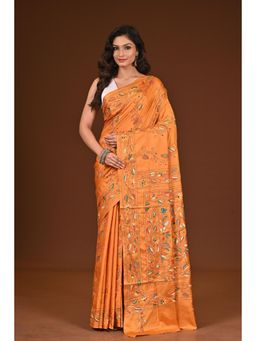 Ramshyam Collection - Womens Kantha Silk Blend Thread Work Mustard Saree with Unstitched Blouse
