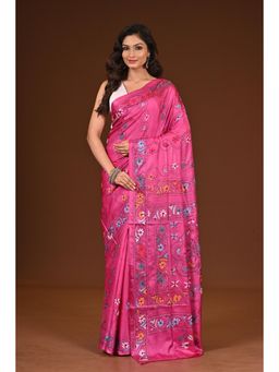 Ramshyam Collection - Womens Kantha Silk Blend Thread Work Pink Saree with Unstitched Blouse