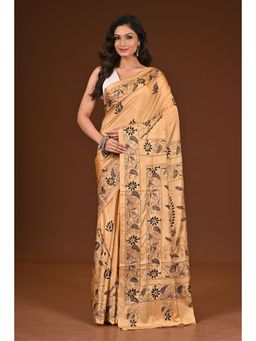 Ramshyam Collection - Womens Kantha Silk Blend Thread Work Beige Saree with Unstitched Blouse
