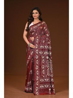Ramshyam Collection - Womens Kantha Silk Blend Thread Work Maroon Saree with Unstitched Blouse