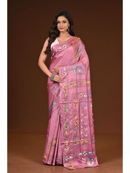 Ramshyam Collection - Womens Kantha Silk Blend Thread Work Pink Saree with Unstitched Blouse