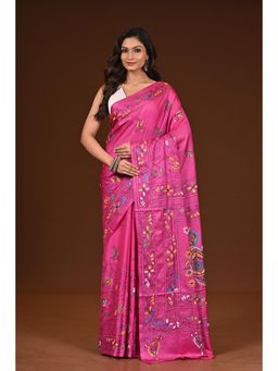 Ramshyam Collection - Womens Kantha Silk Blend Thread Work Pink Saree with Unstitched Blouse