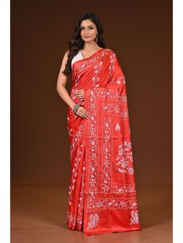 Ramshyam Collection - Womens Kantha Silk Blend Embroidered Red Saree with Unstitched Blouse