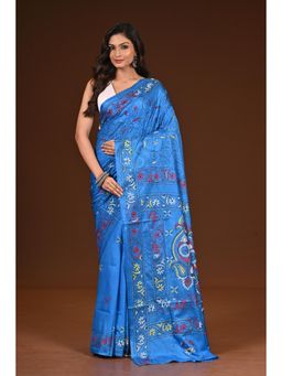 Ramshyam Collection - Womens Kantha Silk Blend Thread Work Blue Saree with Unstitched Blouse
