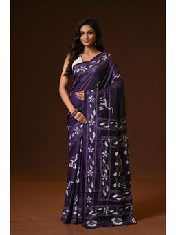 Ramshyam Collection - Womens Kantha Silk Blend Thread Work Purple Saree with Unstitched Blouse